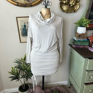 Free People Tan Cowl Neck Knit BodyCon Tie Ruched Mini Dress Long Sleeve Sz S